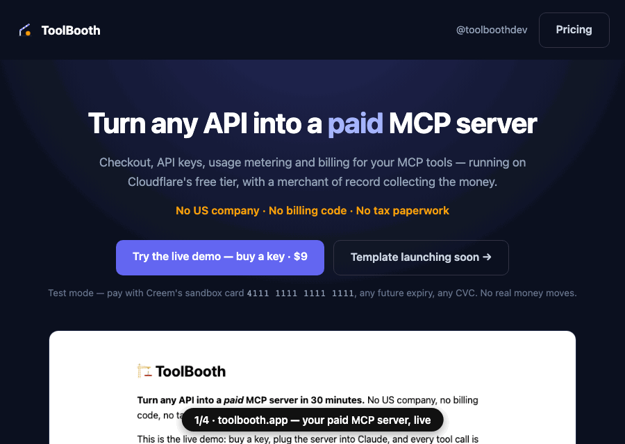 ToolBooth demo: checkout, key issued, metered MCP calls